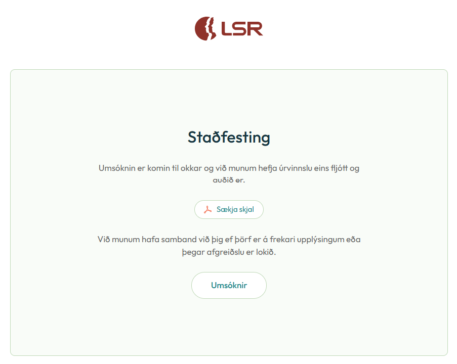 Skjámynd af staðfestingu umsóknar