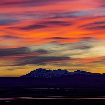 Mountains on the horizon at sunset.